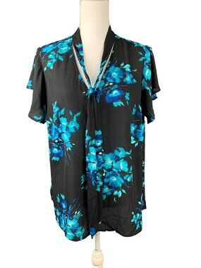 Torrid Black & Blue Sheer Floral Tie Neck Georgette Top Size L